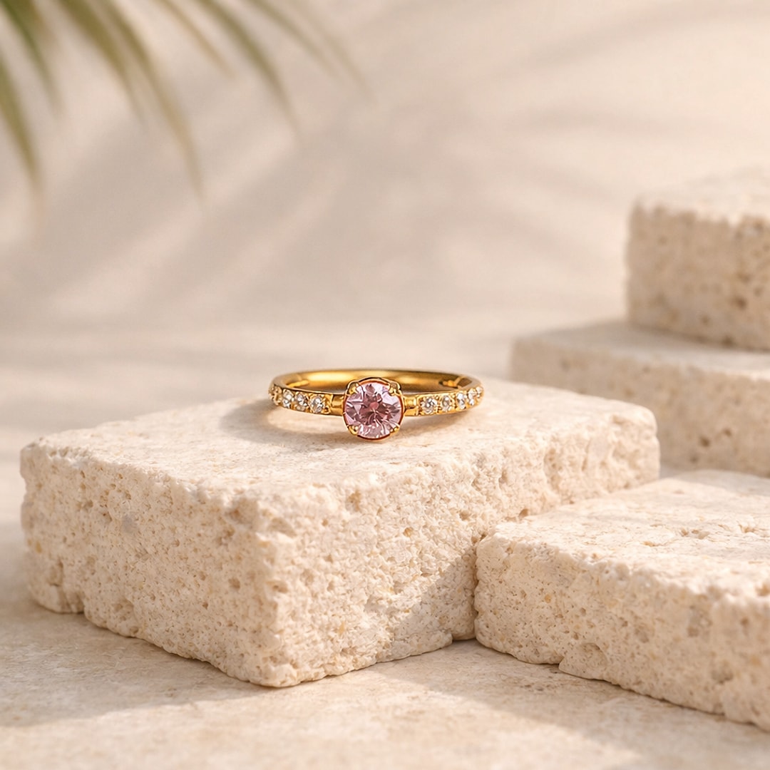 Anneau clicker doré en titane serti d'un zircon rose central et de petits zircons blancs, posé sur une pierre claire