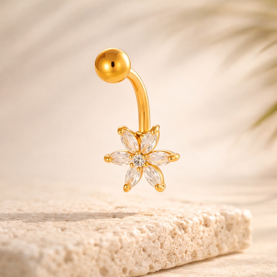 Banane de nombril dorée en acier, pendentif fleur six pétales en cristaux blancs et bille polie