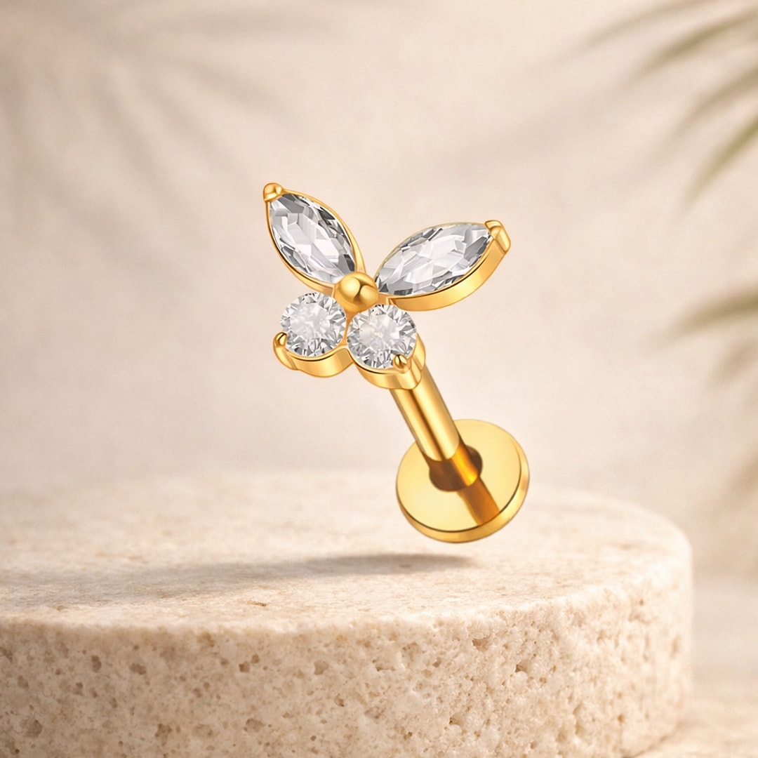 Bijou de piercing labret, Labret papillon acier plaqué or 18K — filetage externe, 1,2*8mm, Or · Motif 32, en acier chirurgical