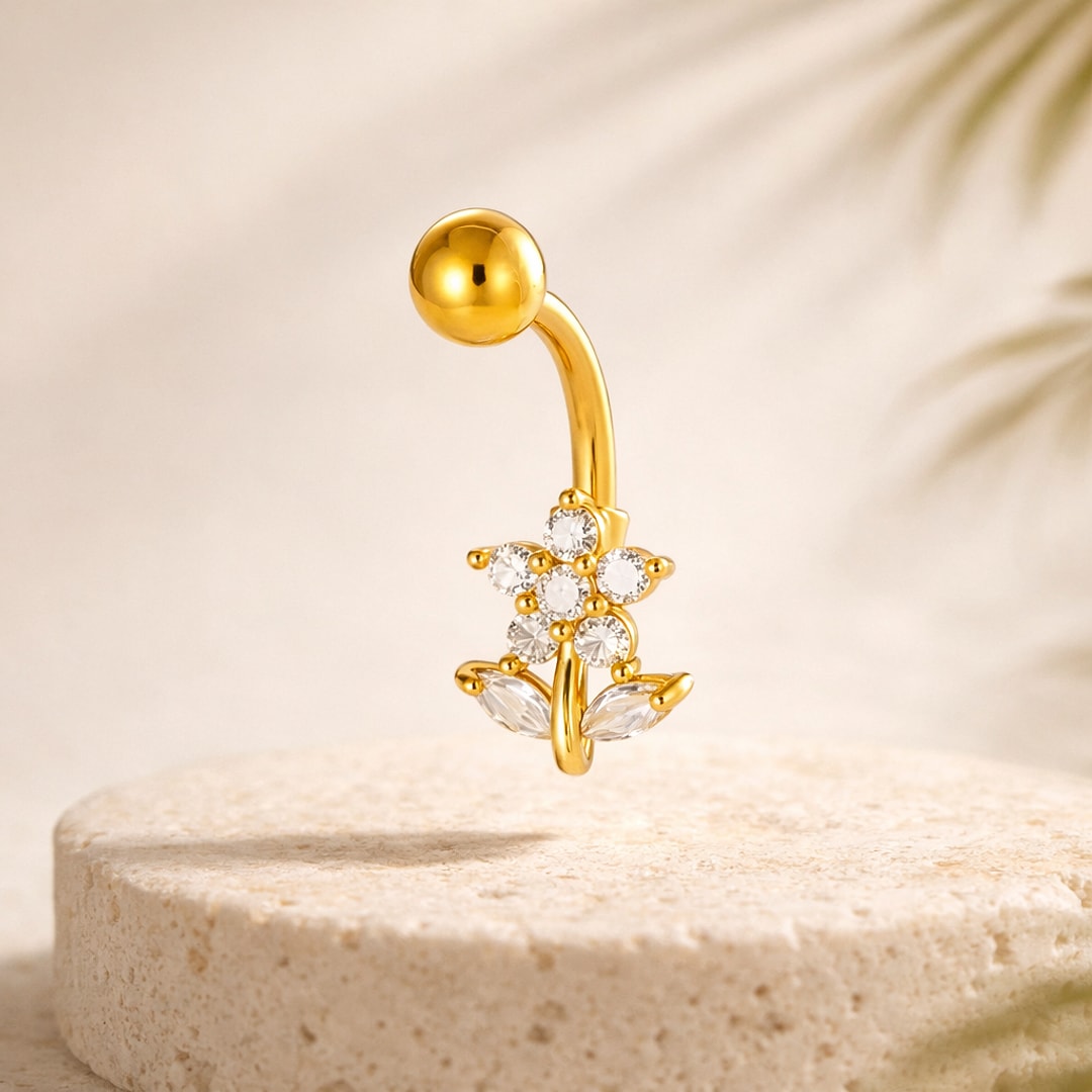 Bijou de piercing nombril, Nombril 316L fileté externe fantaisie — 14G (1,6*10mm), Or · Motif 4, en acier chirurgical