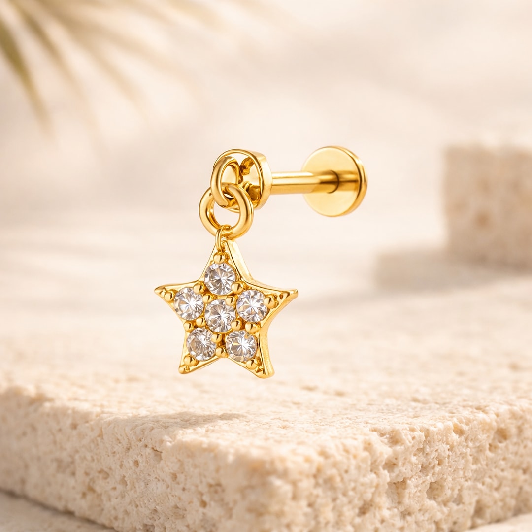 Stud flat back acier argenté avec pendentif étoile serti de pierres blanches, tige 1,2 x 8 mm