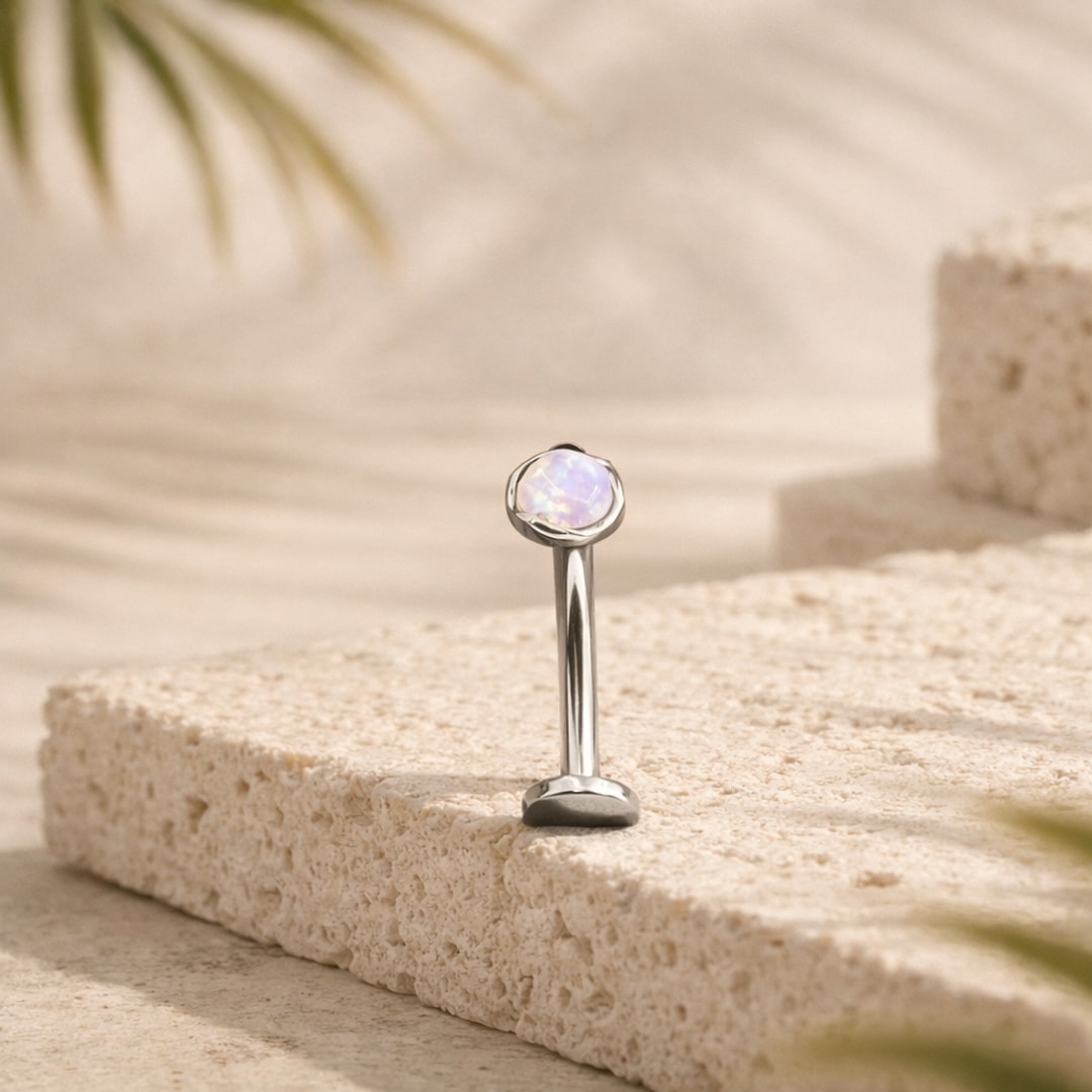 Bijou de piercing nombril, Piercing nombril en titane avec opale et contour ondulé, filetage, en titane