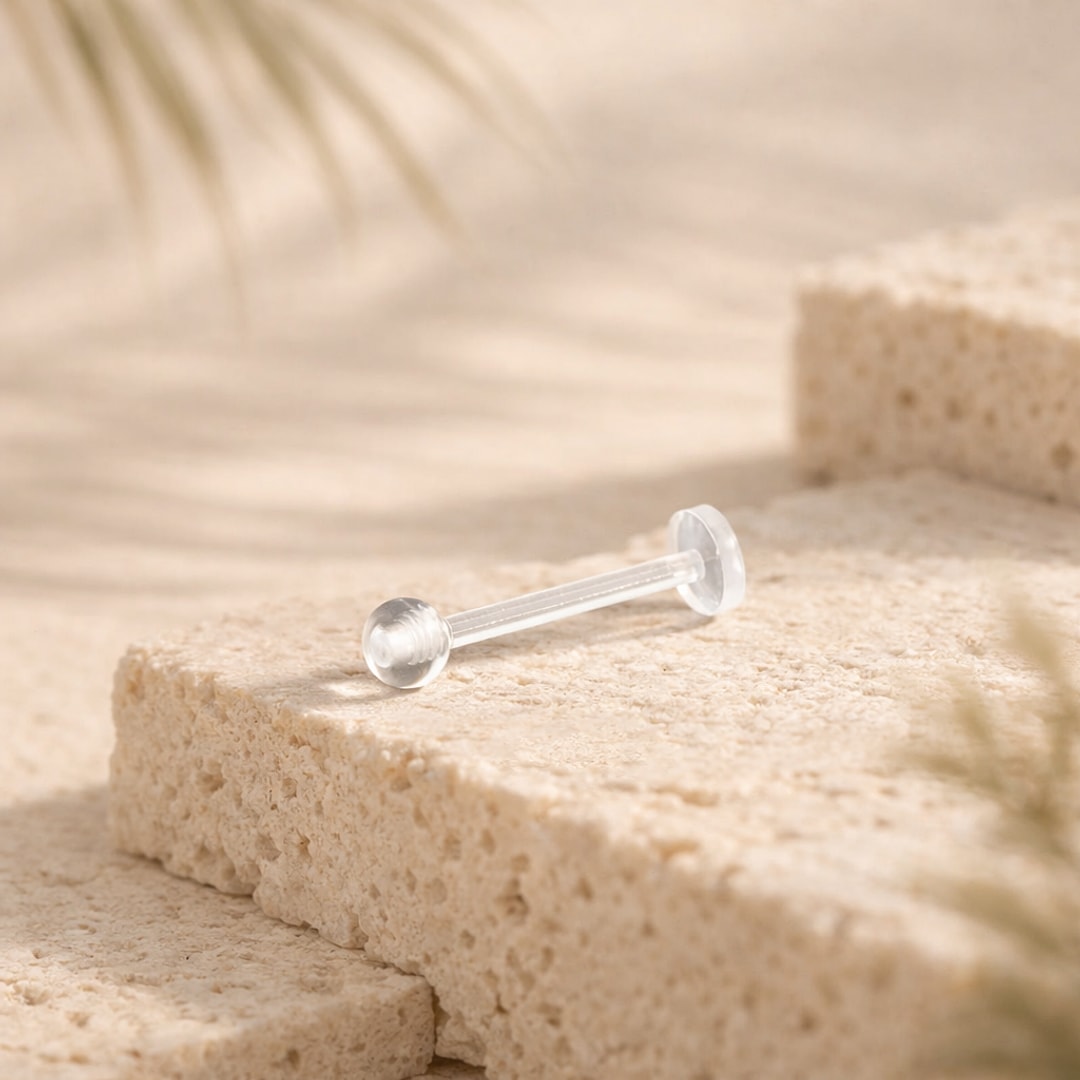 Rétainer labret transparent en acrylique, tige droite avec bille et disque plat, posé sur une pierre claire