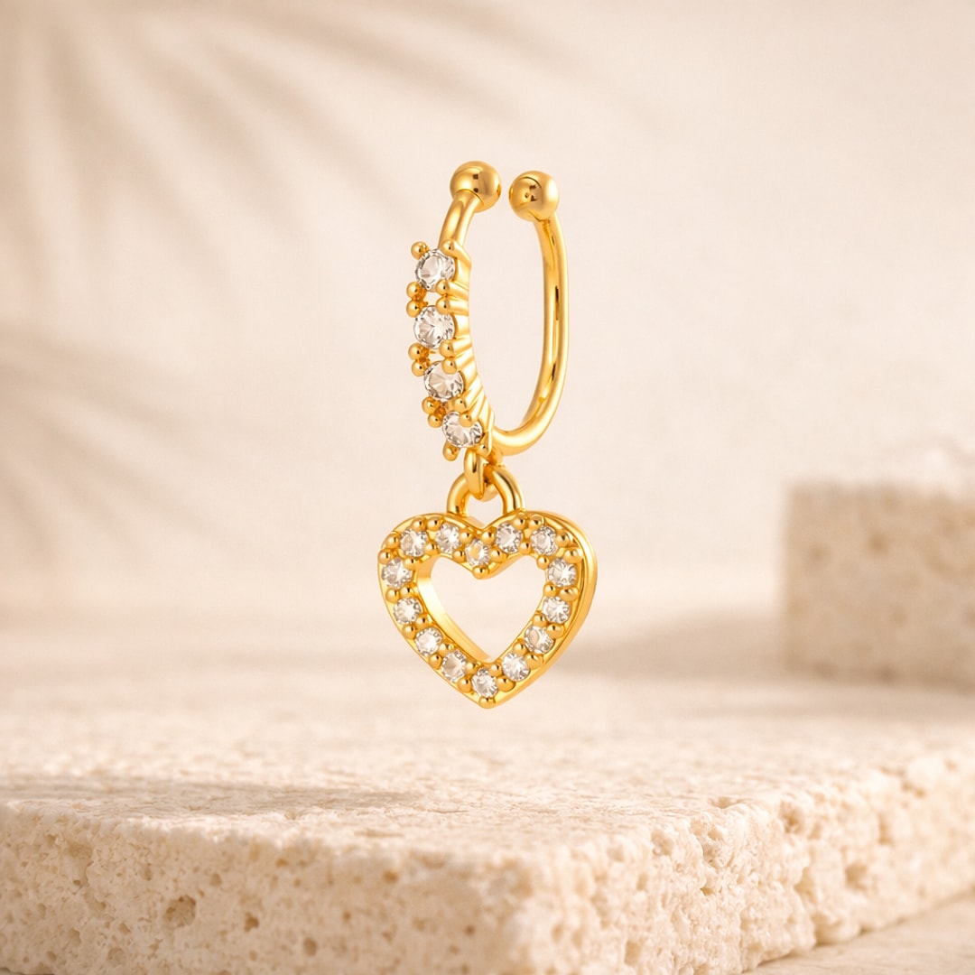 Faux piercing sans trou pour nez et hélix, anneau doré serti de zircons avec pendentif cœur