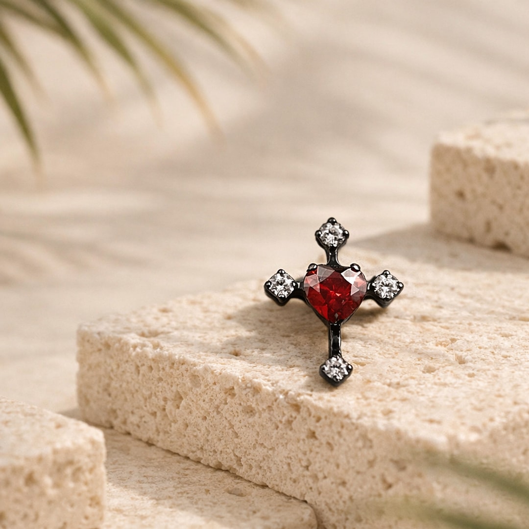 Stud flat back titane noir en forme de croix avec zircon rouge cœur et trois zircons blancs, posé sur une pierre claire