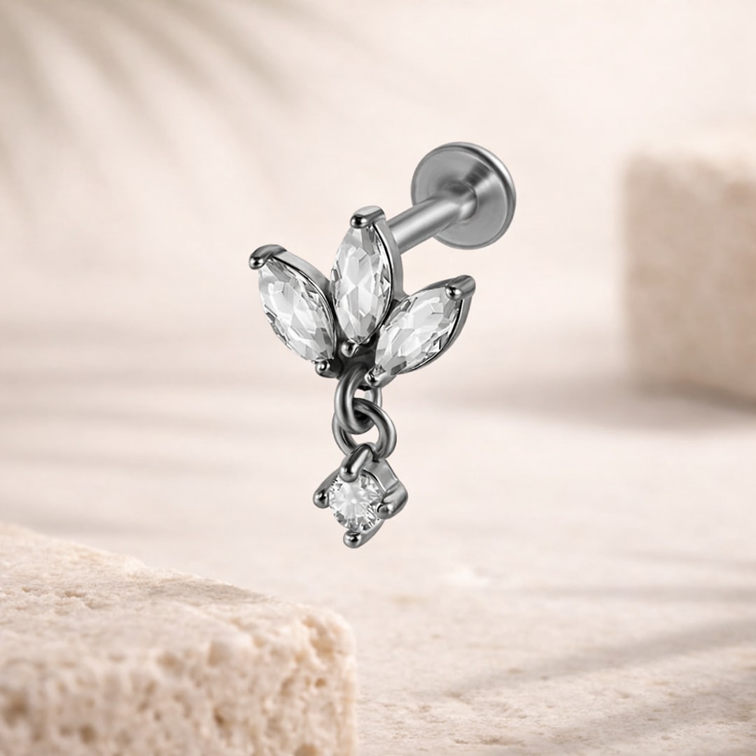 Labret acier argenté papillon trois pierres navette et pendentif cristal rond, tige filetée 1,2 x 8 mm