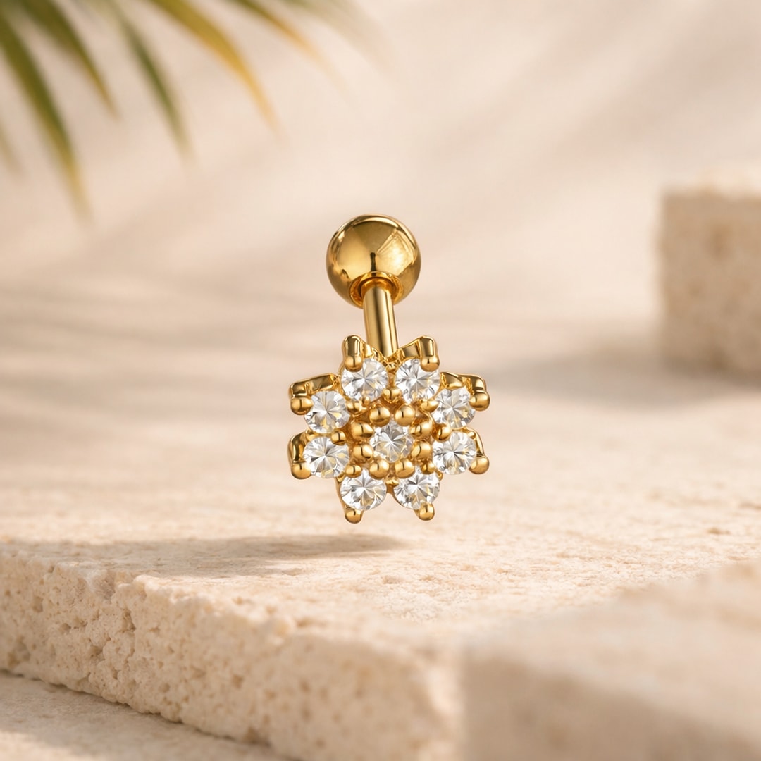 Bijou de piercing stud / flat back, Stud flat back cartilage zircon (étoile, croix…) doré en acier, en acier inoxydable