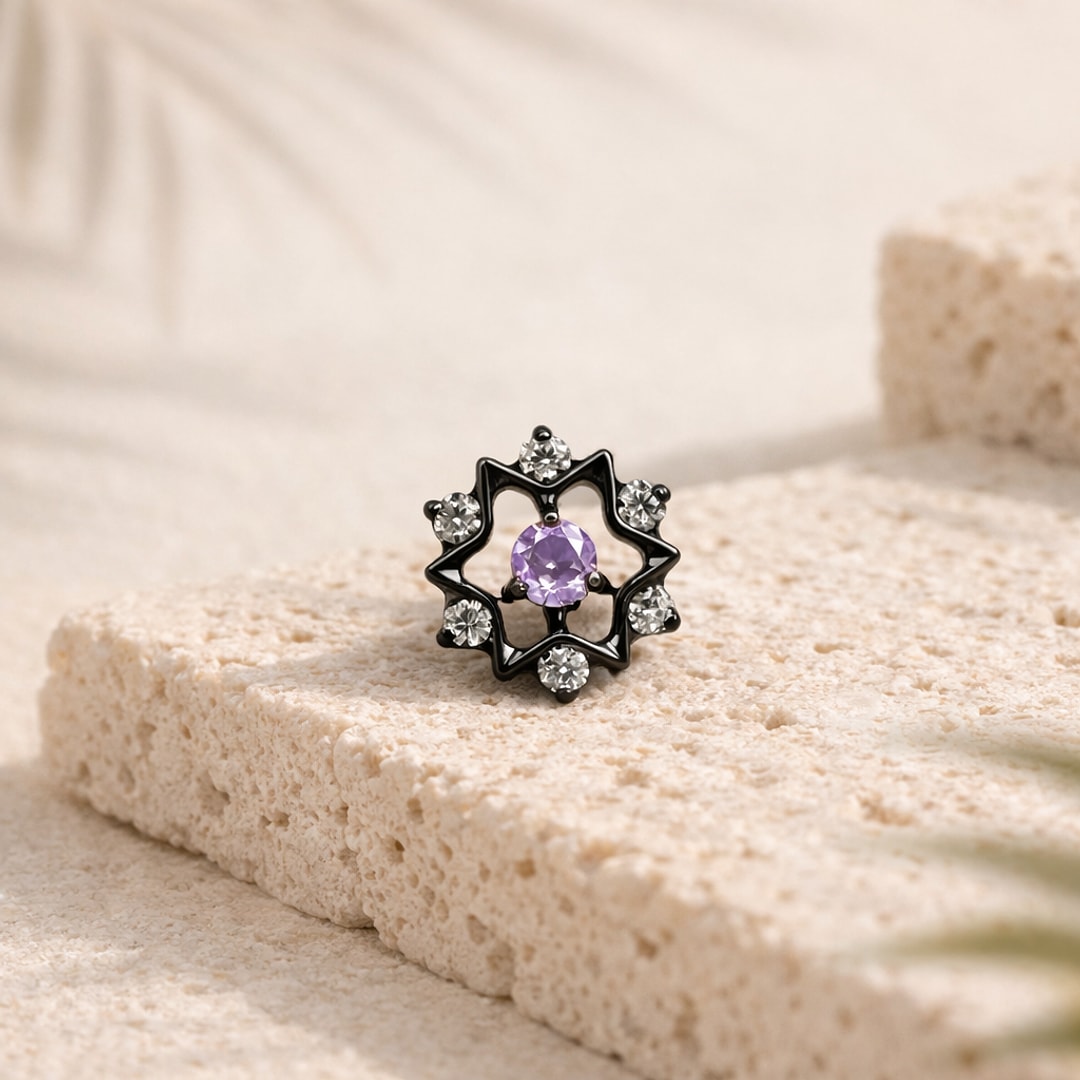 Bijou de piercing stud / flat back, Bijou de piercing en titane placage noir, zircon violet, en titane
