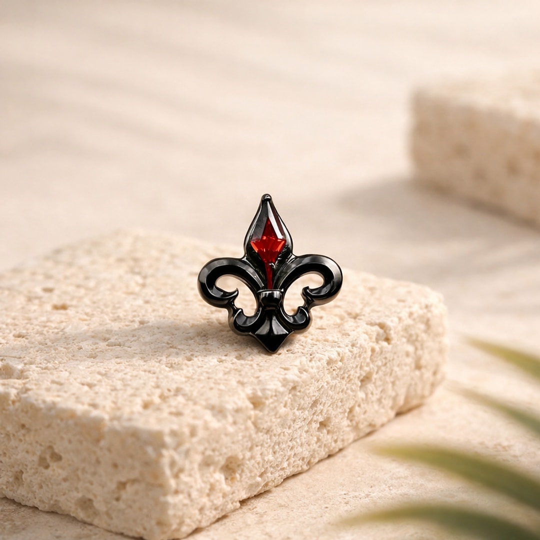 Stud flat back en titane noir en forme de fleur de lys avec zircon rouge taillé en pointe, posé sur une pierre claire