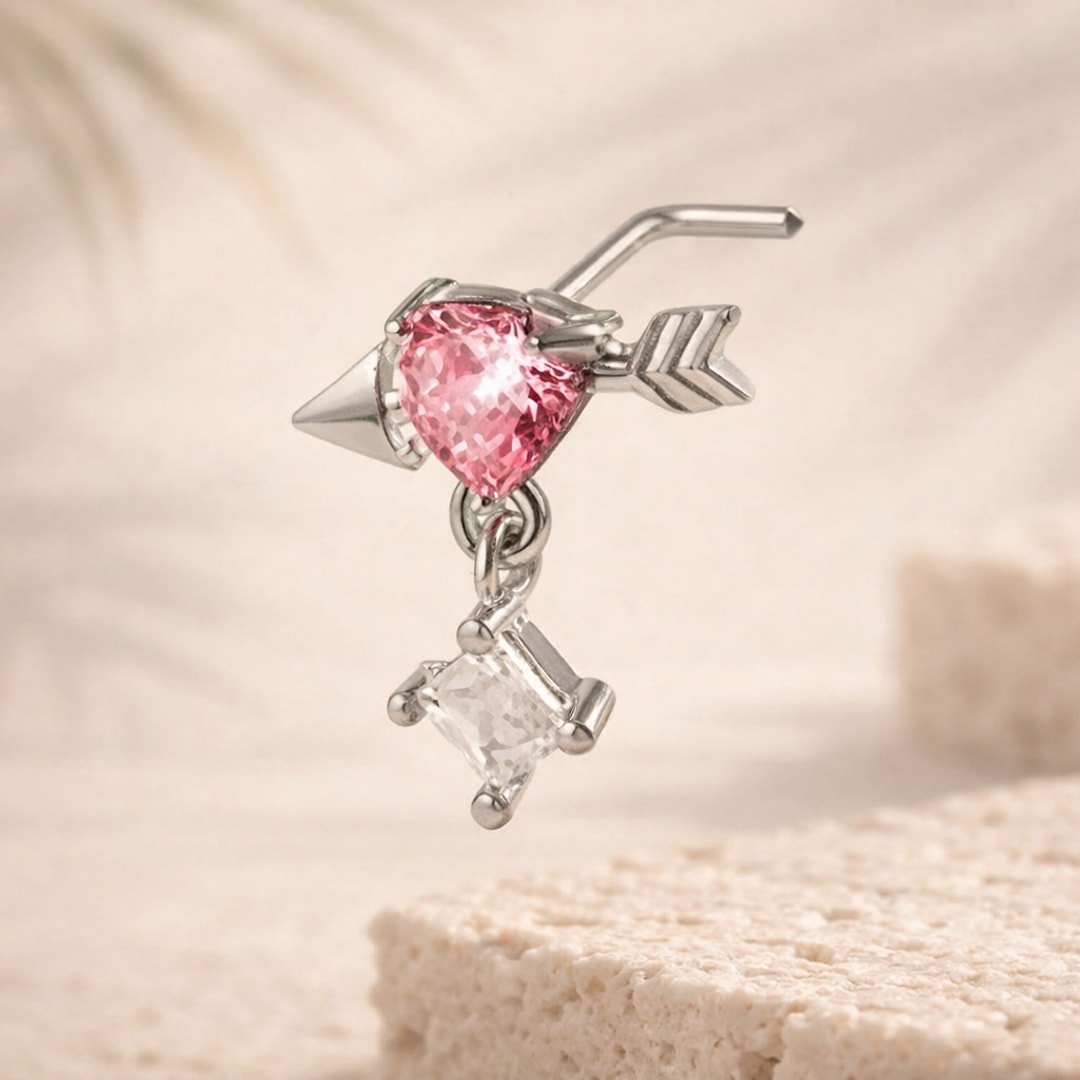 Stud de nez en L en acier argenté, cœur en zircon rose avec flèche et pendentif zircon blanc carré