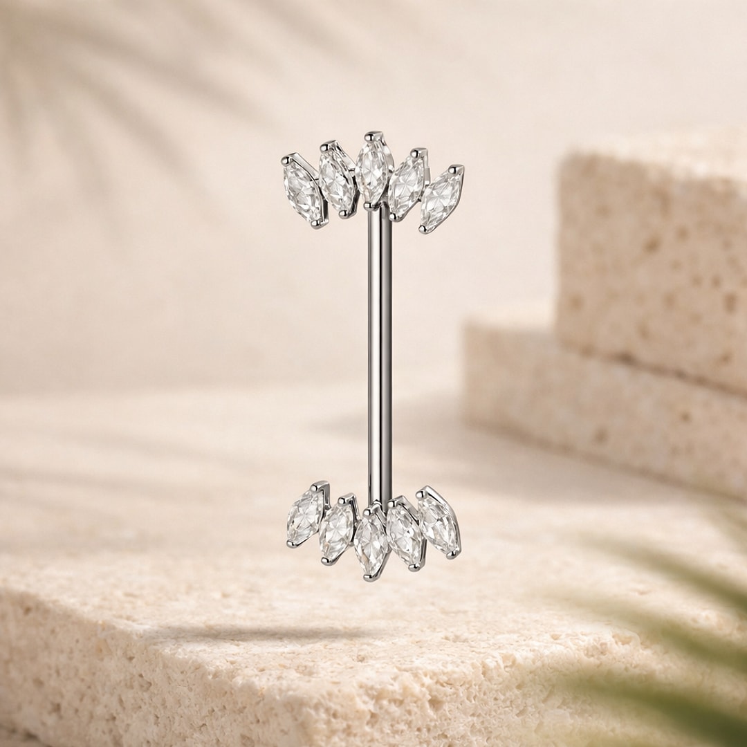 Barbell de téton en titane argenté avec deux éventails de cinq zircons marquise sertis griffes