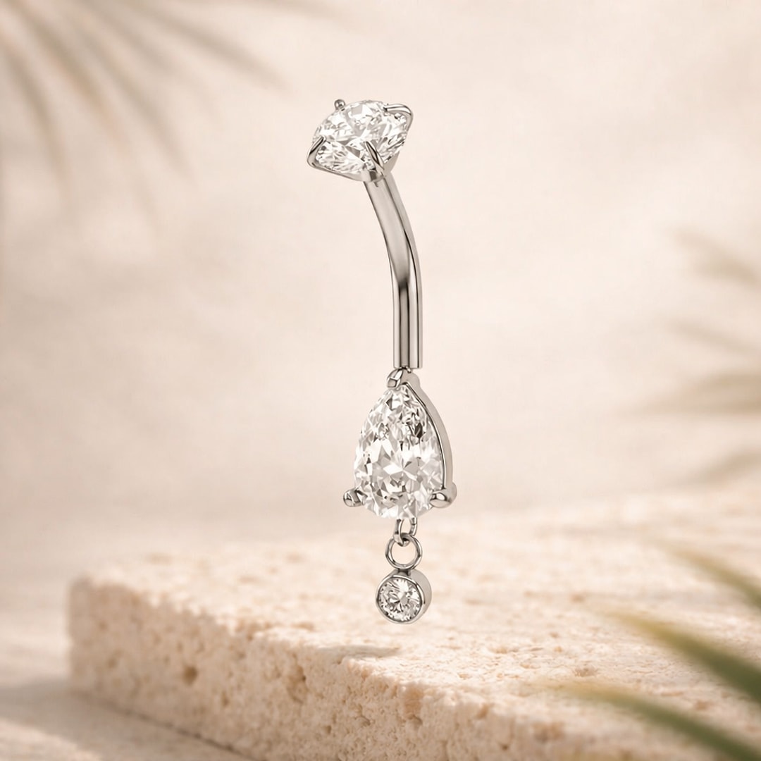 Banane de nombril en acier argenté avec zircon marquise, goutte facettée et pendant rond