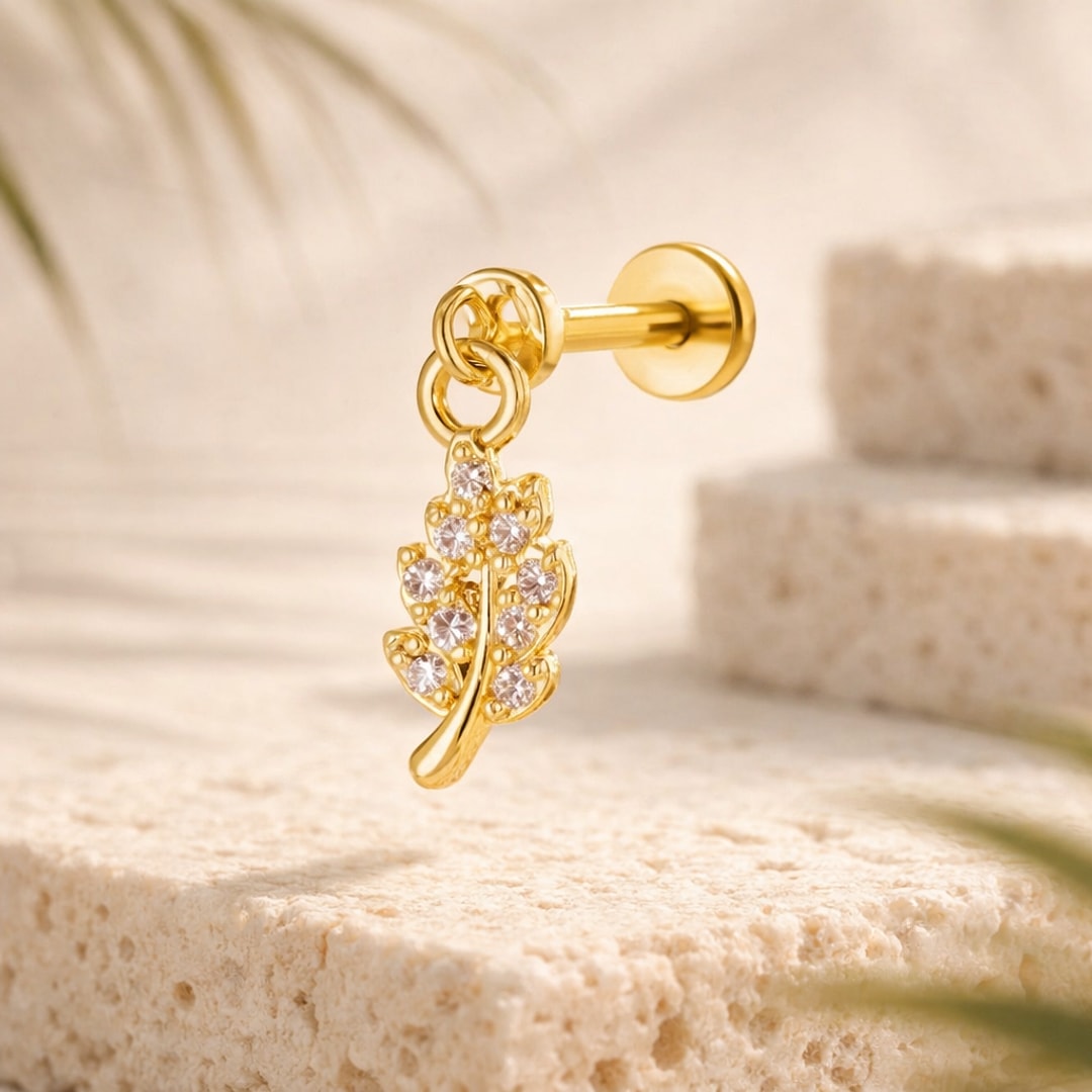Stud flat back acier argenté avec pendentif feuille serti de zircons blancs, tige 1,2 x 8 mm