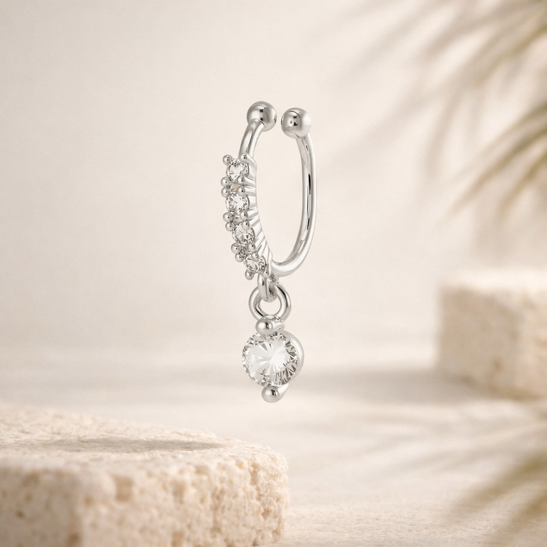 Faux piercing sans trou pour nez et hélix, anneau argenté serti de zircons avec pendentif zircon rond