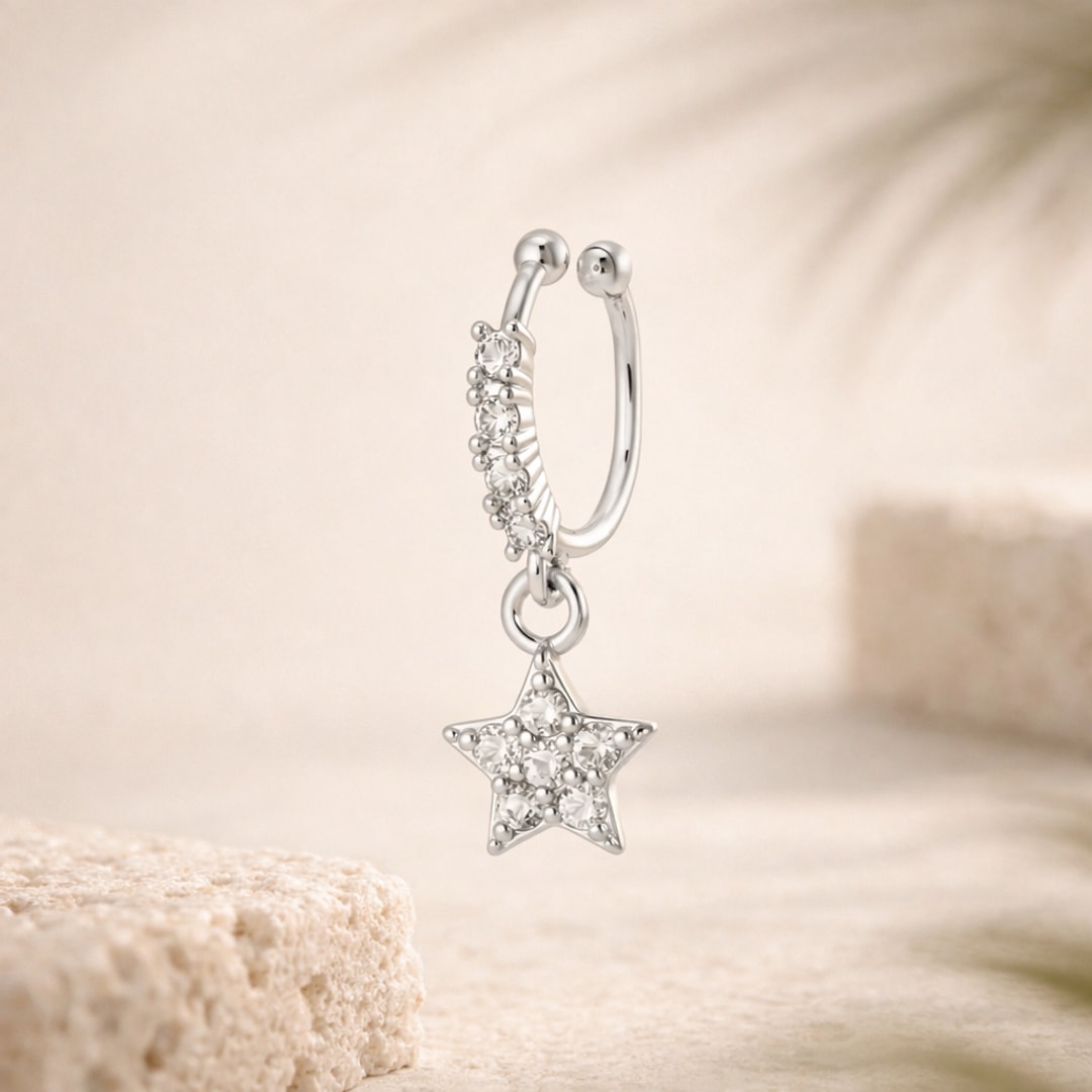 Faux piercing sans trou pour nez et hélix, anneau argenté serti de zircons avec pendentif étoile