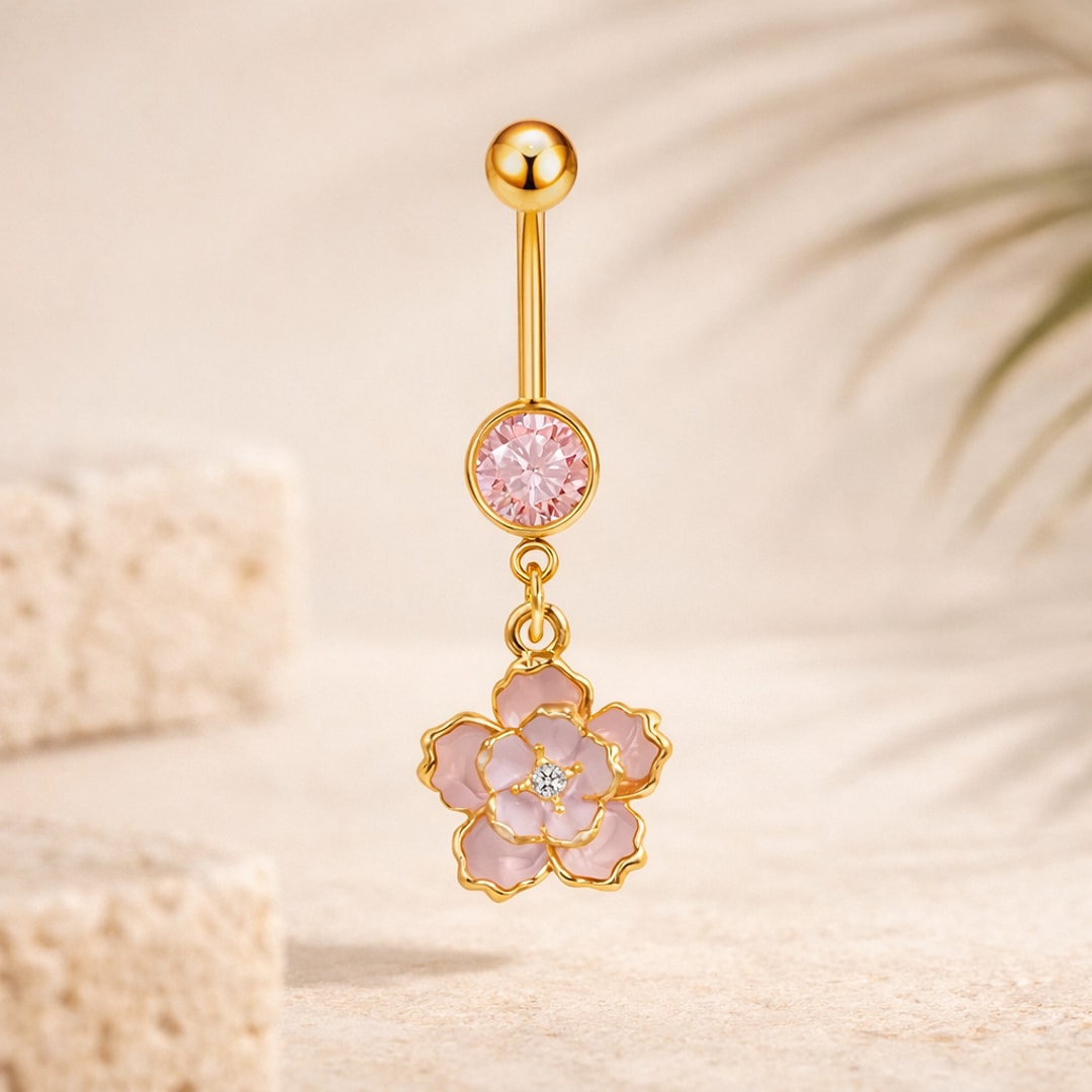 Banane de nombril dorée avec pierre ronde rose et pendentif fleur rose nacré à cinq pétales