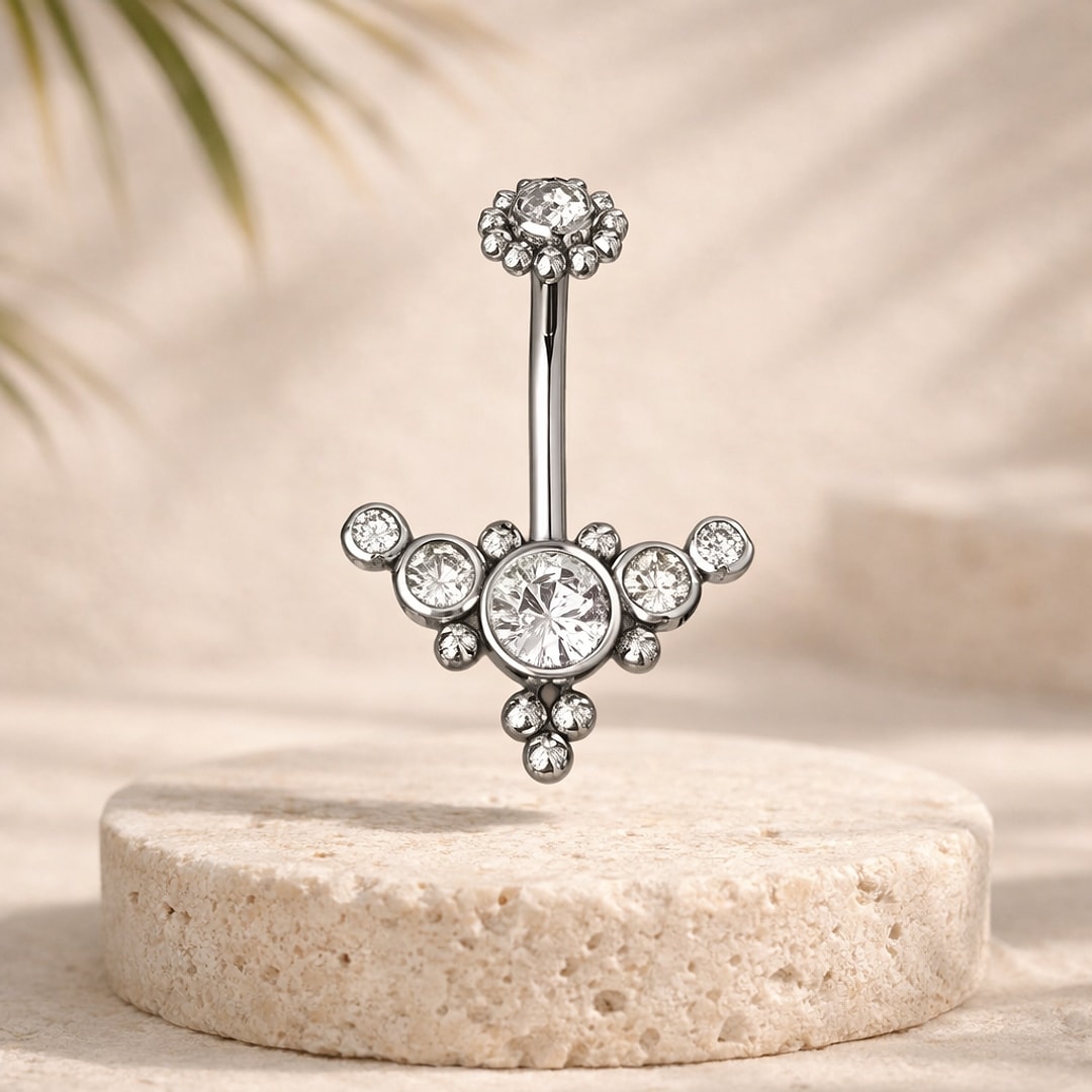 Bijou de piercing nombril, Nombril double pierre cristal argenté en acier inoxydable, en acier inoxydable
