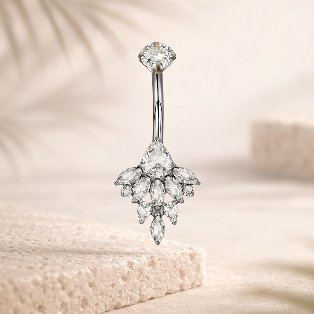 Banane de nombril en titane argenté avec zircon rond et motif éventail de pierres marquise