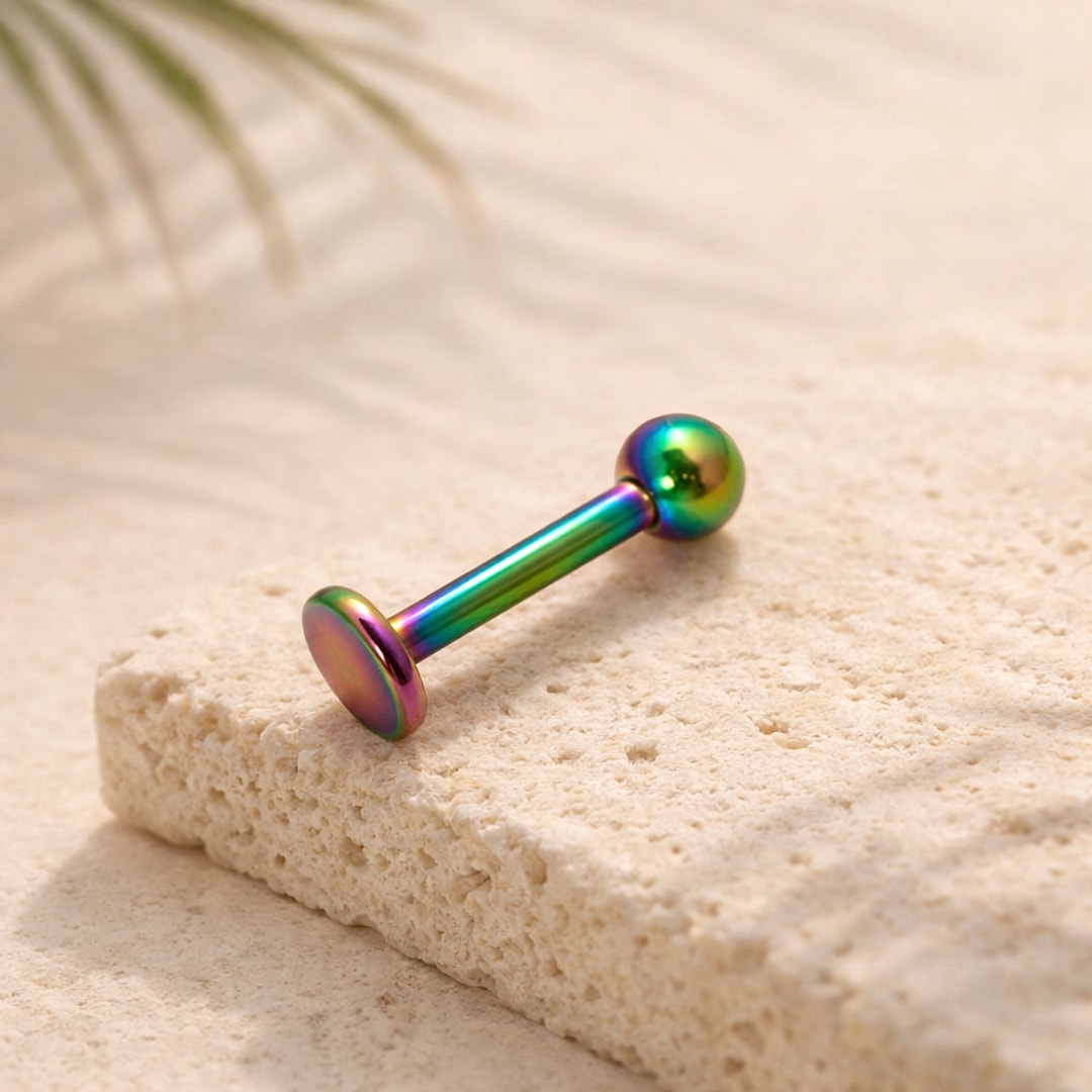 Labret droit en titane multicolore à reflets arc-en-ciel, base plate et boule, posé sur une pierre claire