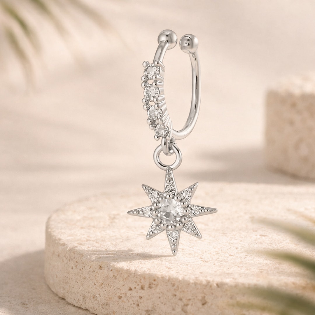 Faux piercing sans trou pour nez et hélix, anneau argenté serti de zircons avec pendentif soleil