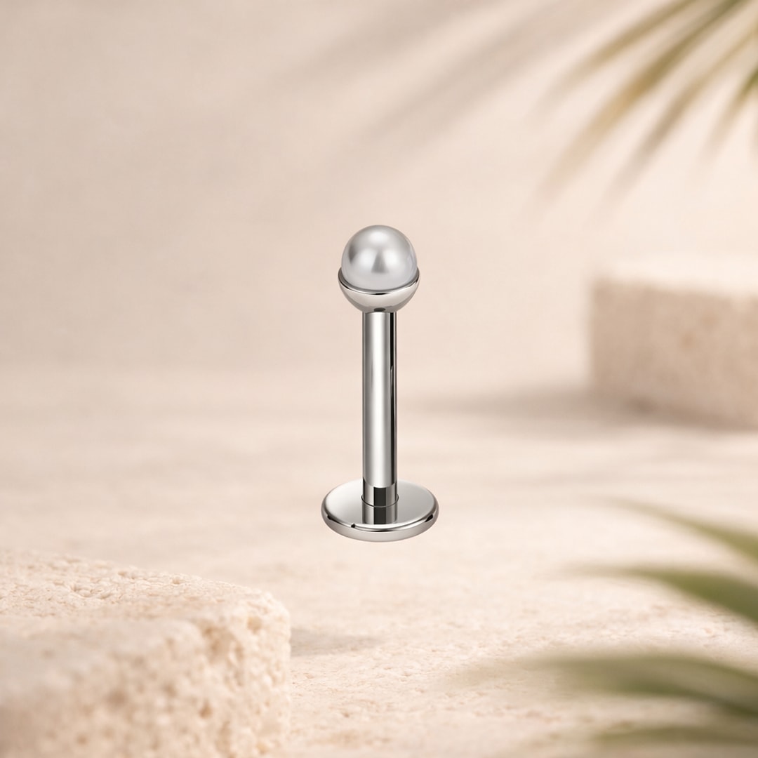 Stud flat back en titane argenté avec fausse perle blanche de 3 mm, tige droite et disque plat