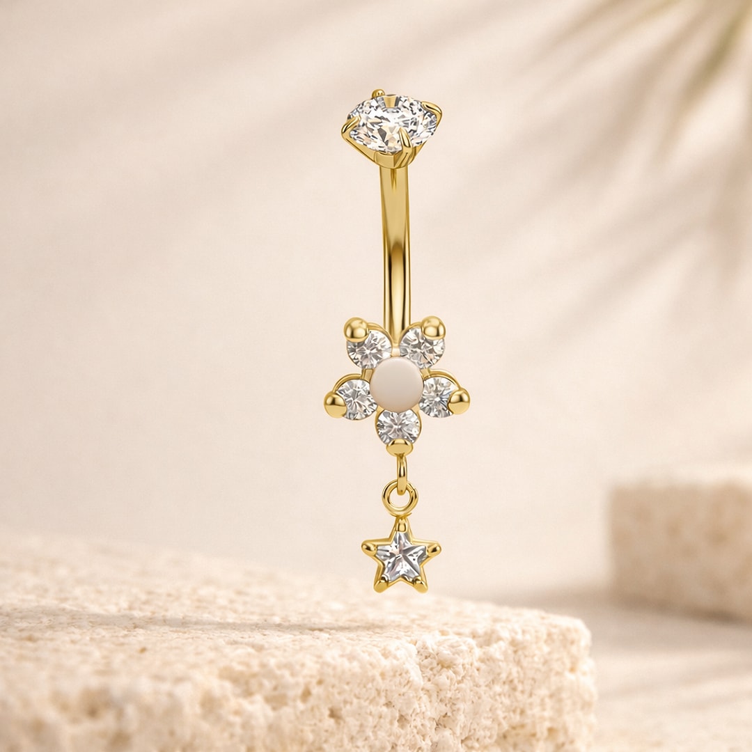 Banane de nombril dorée : zircon rond, fleur à cinq pétales avec centre blanc et étoile pendante