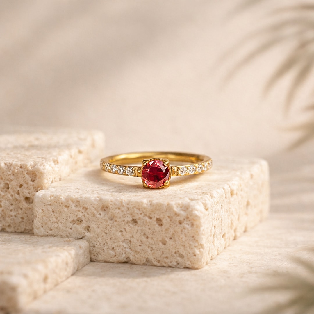 Anneau clicker en titane doré avec zircon rouge central serti griffes et pavage de zircons blancs sur le jonc