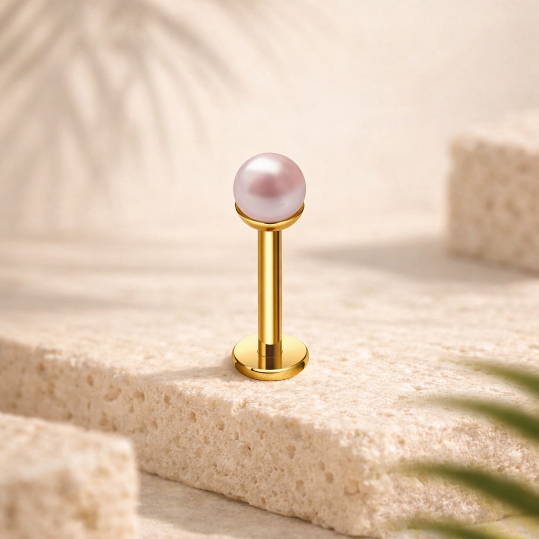 Stud flat back en titane doré avec fausse perle rose de 4 mm, posé sur une pierre claire
