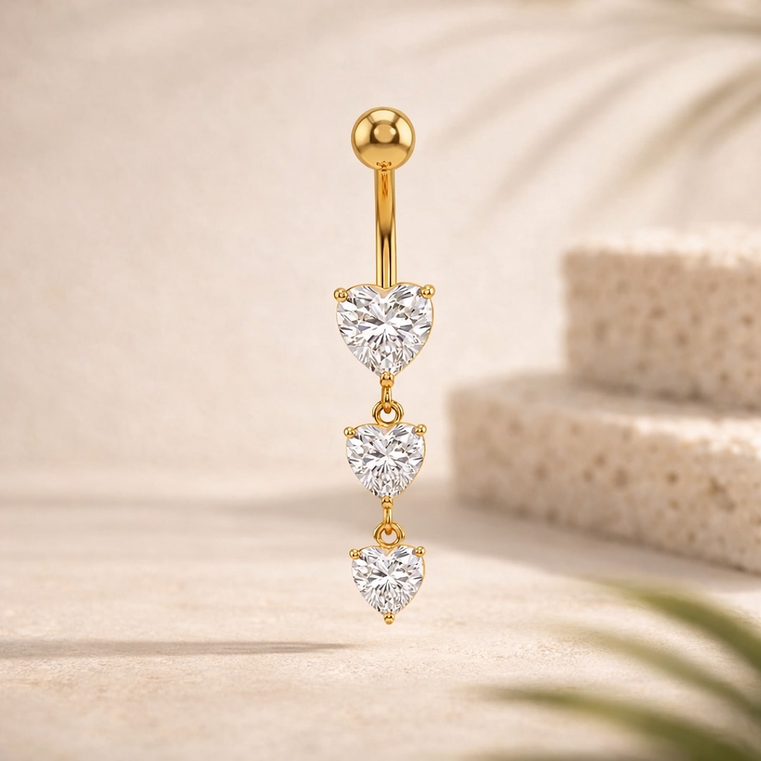 Piercing nombril doré avec trois cœurs pendants en zircon blanc et bille, acier chirurgical