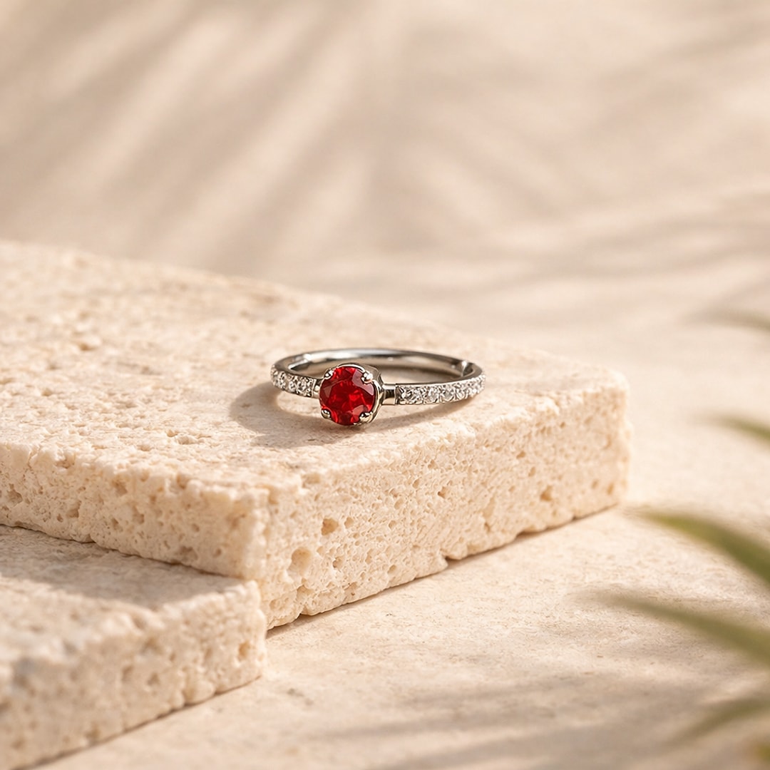 Anneau clicker en titane argenté avec zircon rouge central et pavage de zircons blancs, posé sur une pierre claire