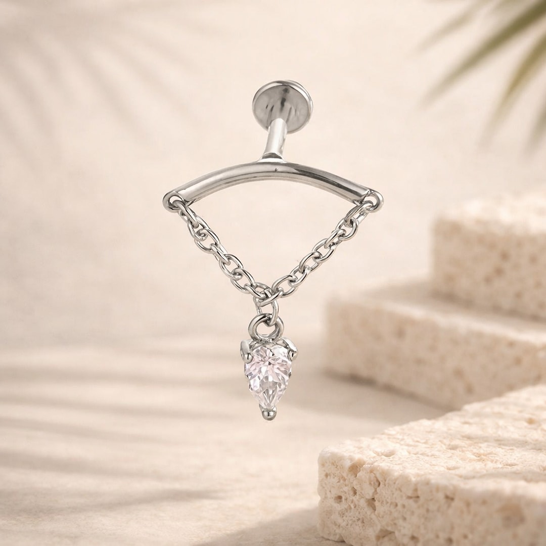 Bijou de piercing labret, Labret chaînette zircon argenté en acier chirurgical, en acier chirurgical