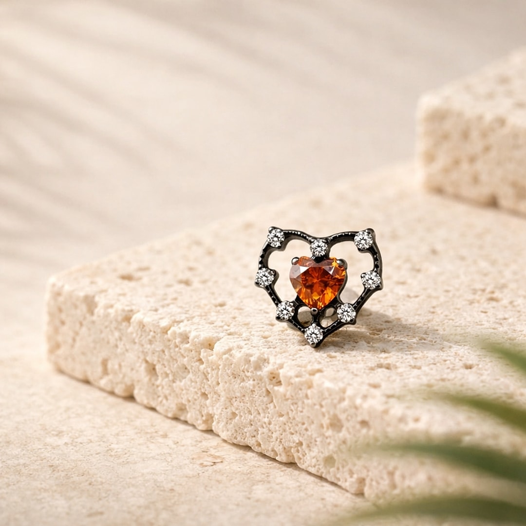Stud flat back titane noir en forme de cœur ajouré, zircon orange central et strass blancs, posé sur une pierre claire