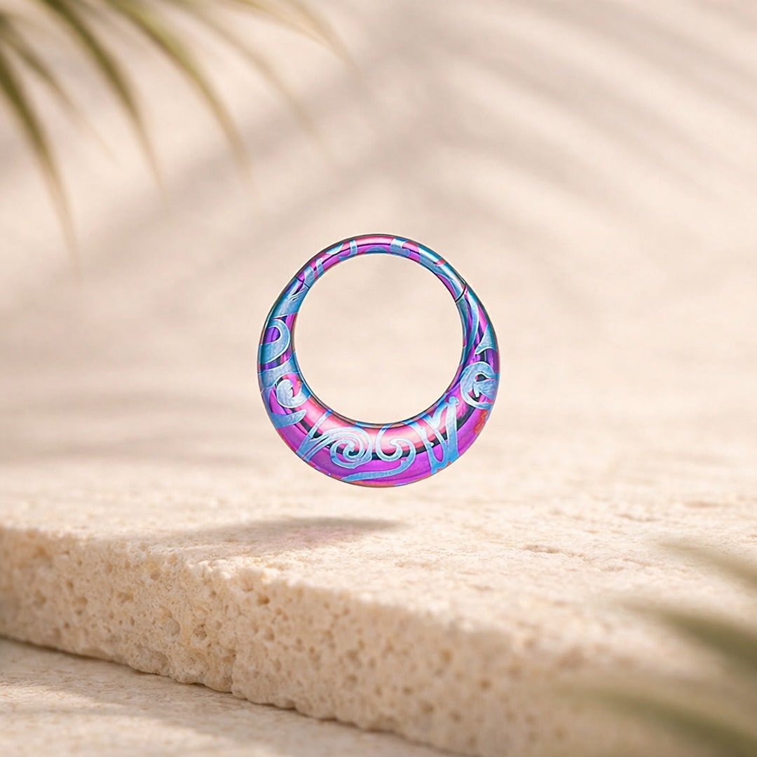 Bijou de piercing en titane anodisé aux reflets rose, violet et bleu, orné de fines arabesques gravées