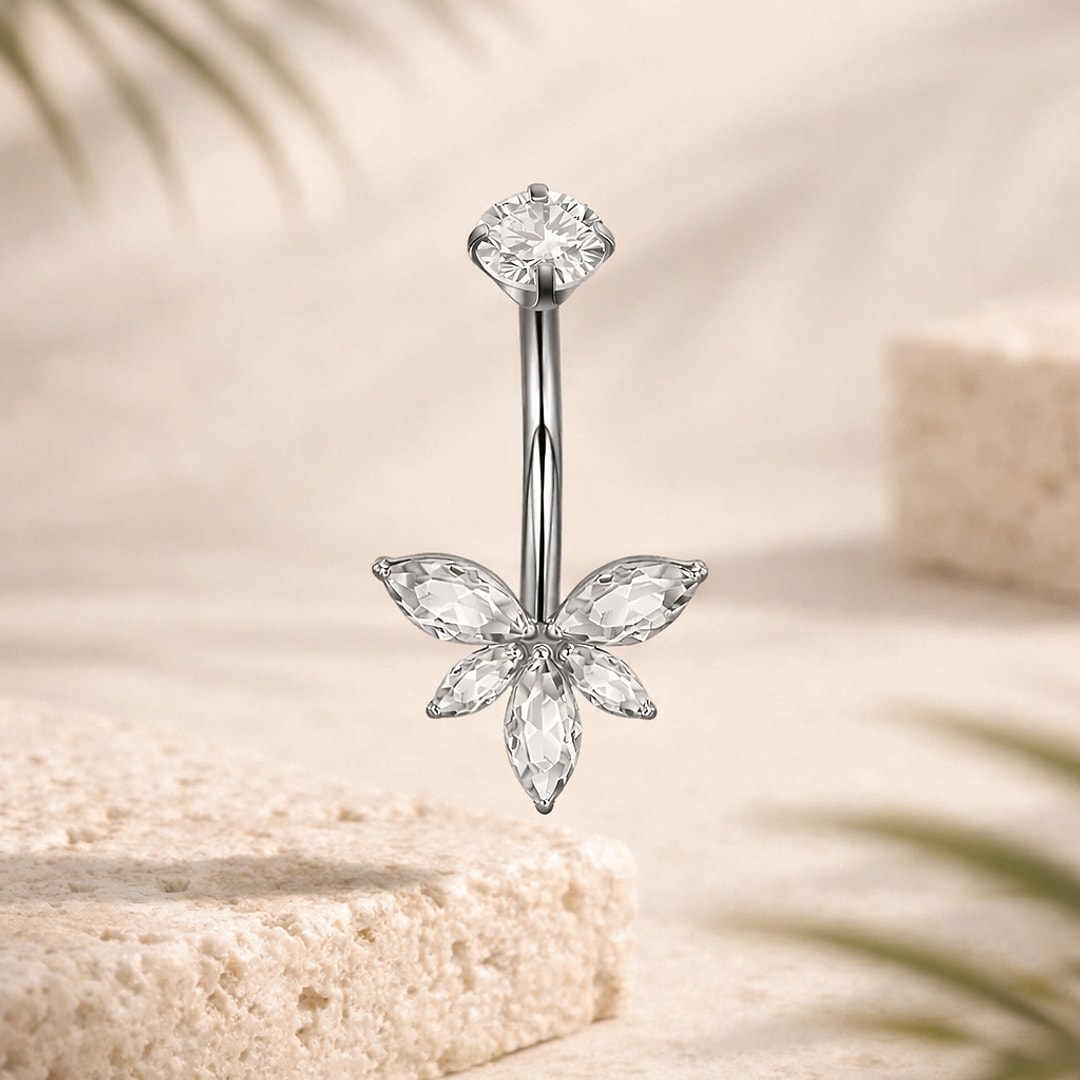 Banane de nombril en titane argenté avec fleur de zircons marquise et pierre ronde