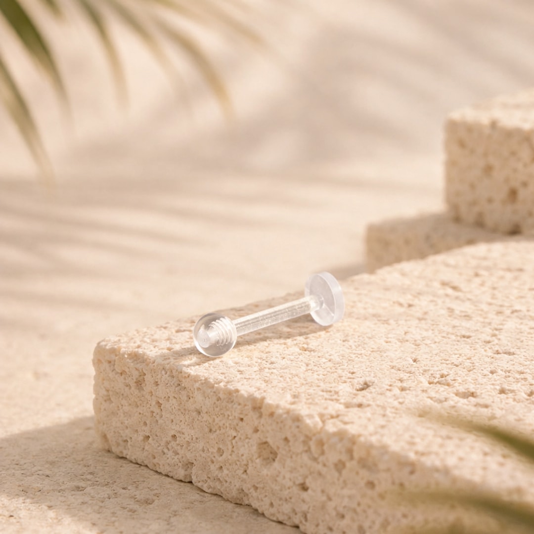 Rétainer labret en acrylique transparent, tige fine, disque plat et bille vissée, posé sur une pierre claire