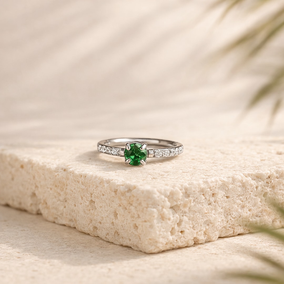 Anneau clicker en titane argenté avec zircon vert central serti griffes et pavage de zircons blancs