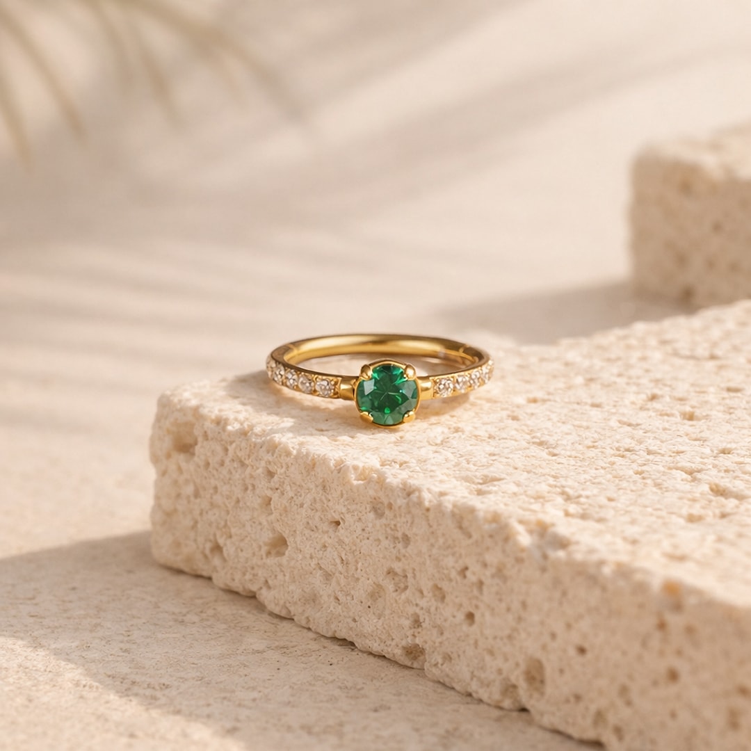 Anneau clicker en titane doré avec zircon vert central et pavage de zircons blancs, posé sur une pierre claire