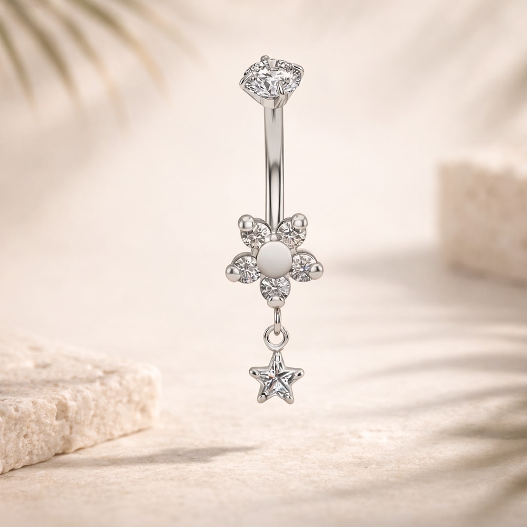 Banane de nombril en acier argenté, fleur de zircons à cœur blanc et étoile pendante sertie