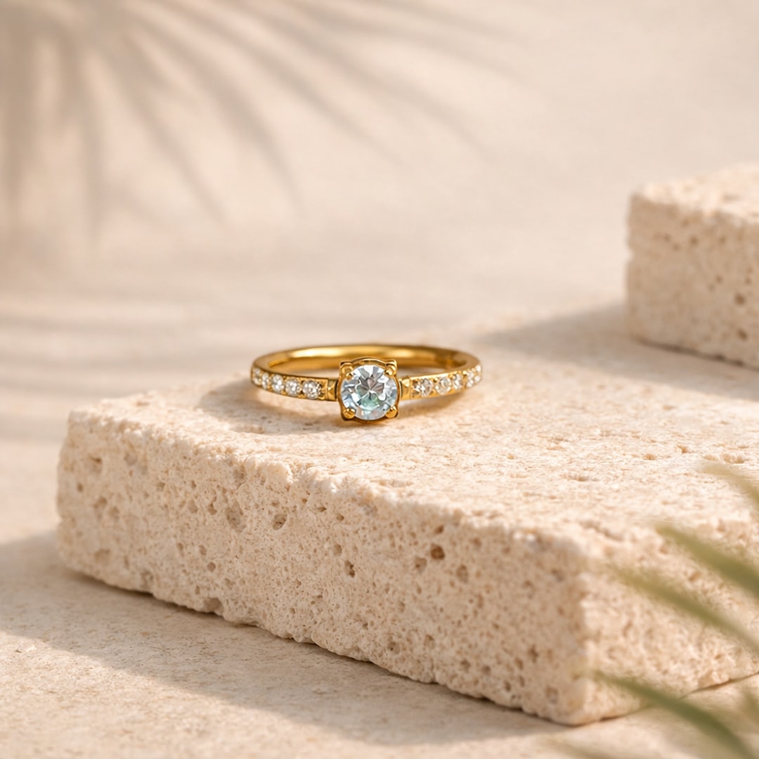 Anneau clicker en titane doré avec zircon rond bleu clair central serti griffes et petits zircons sur le jonc, posé sur une pierre claire