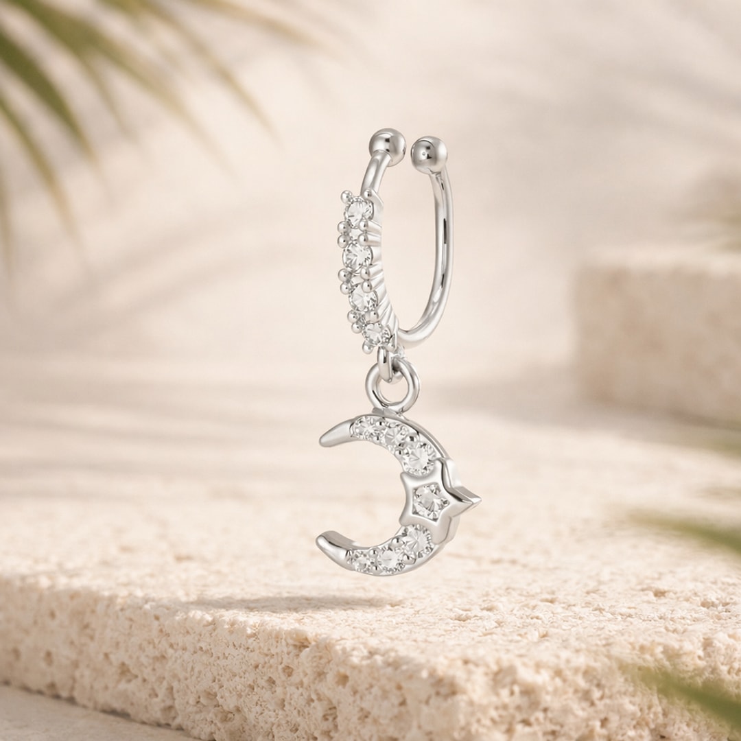 Faux piercing sans trou pour nez et hélix, anneau argenté serti de zircons avec pendentif lune