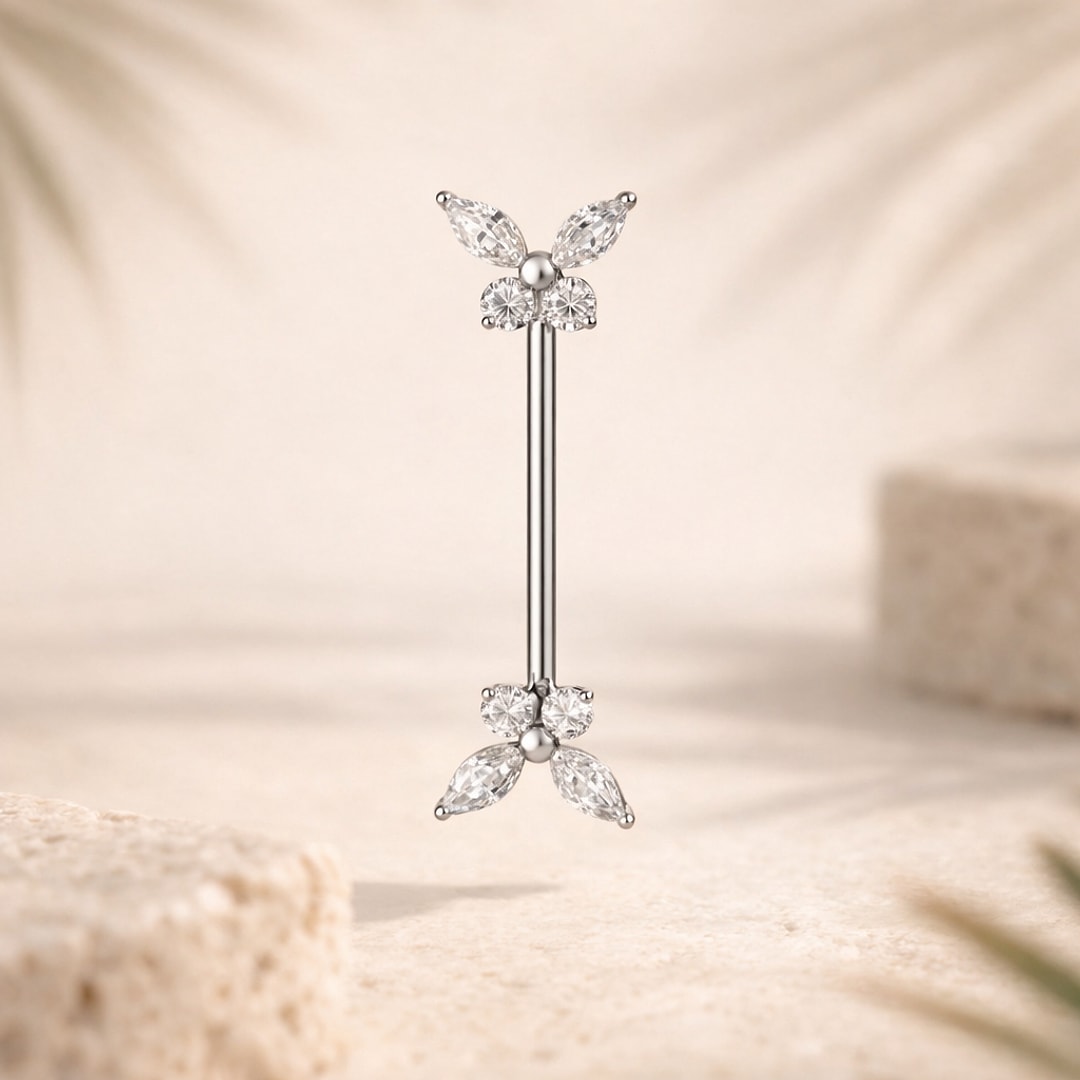 Barbell de téton en titane argenté avec papillons de zircons marquise et ronds aux deux extrémités
