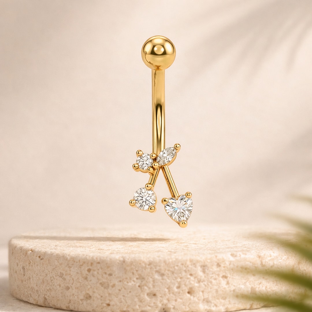 Banane de nombril dorée avec pendentif cerise en zircons blancs ronds et cœur, acier inoxydable