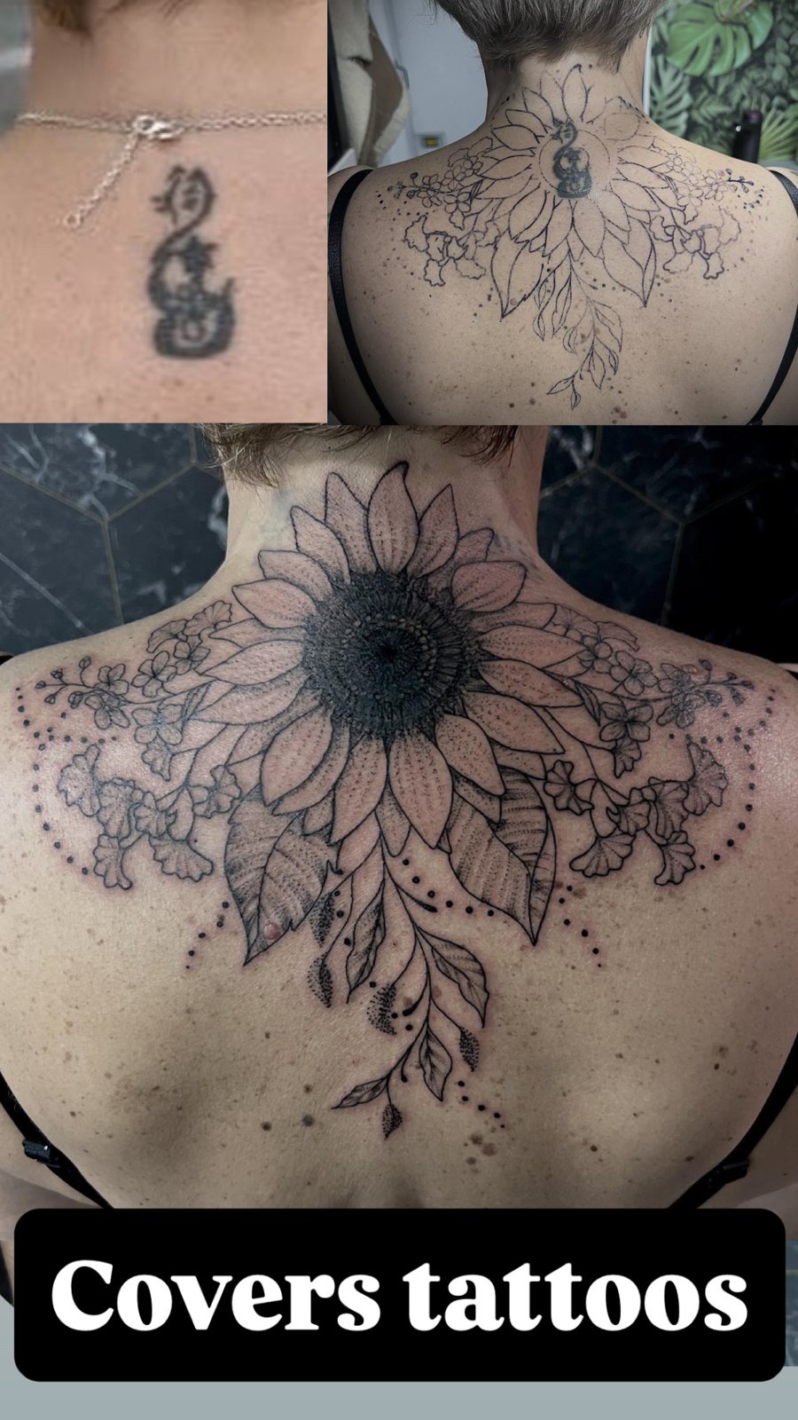Recouvrement d’un ancien tatouage par un tournesol et des fleurs sur le haut du dos, avant et après, réalisé par Noon Tattoo Therapy à Saint-Denis