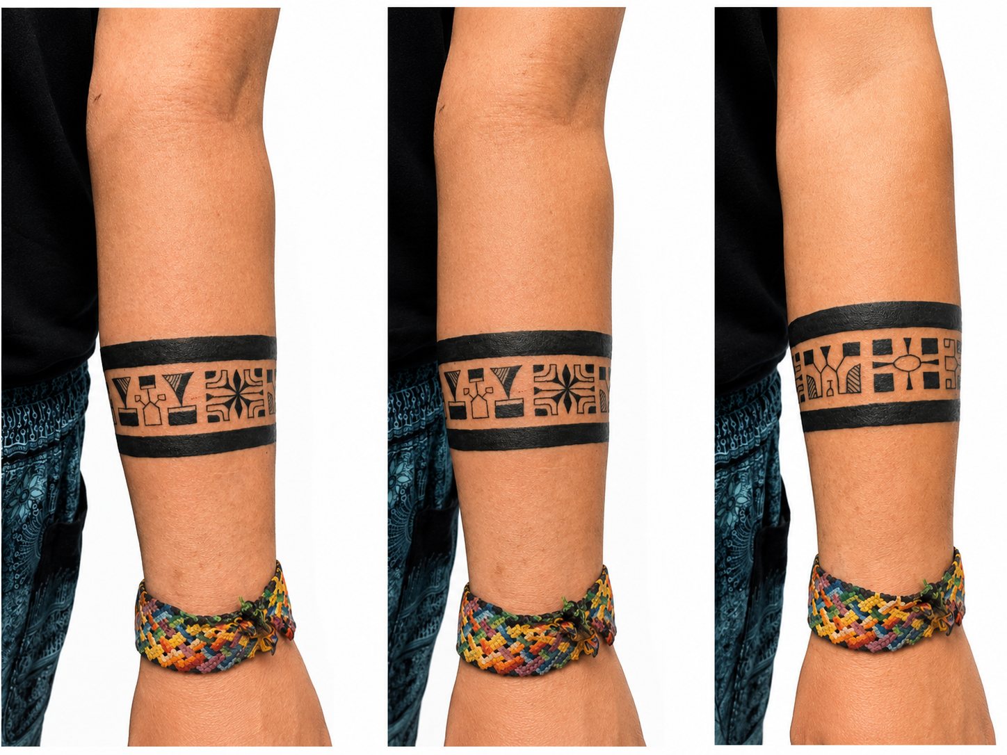 Bracelet polynésien tatoué sur l’avant-bras, vu sous trois angles