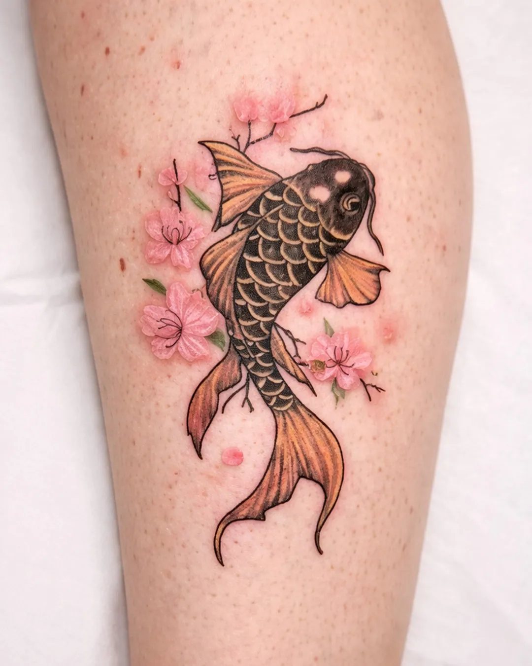 Tatouage japonais d’une carpe koï en couleur avec des fleurs de cerisier, réalisé par Boris à Saint-Denis, La Réunion
