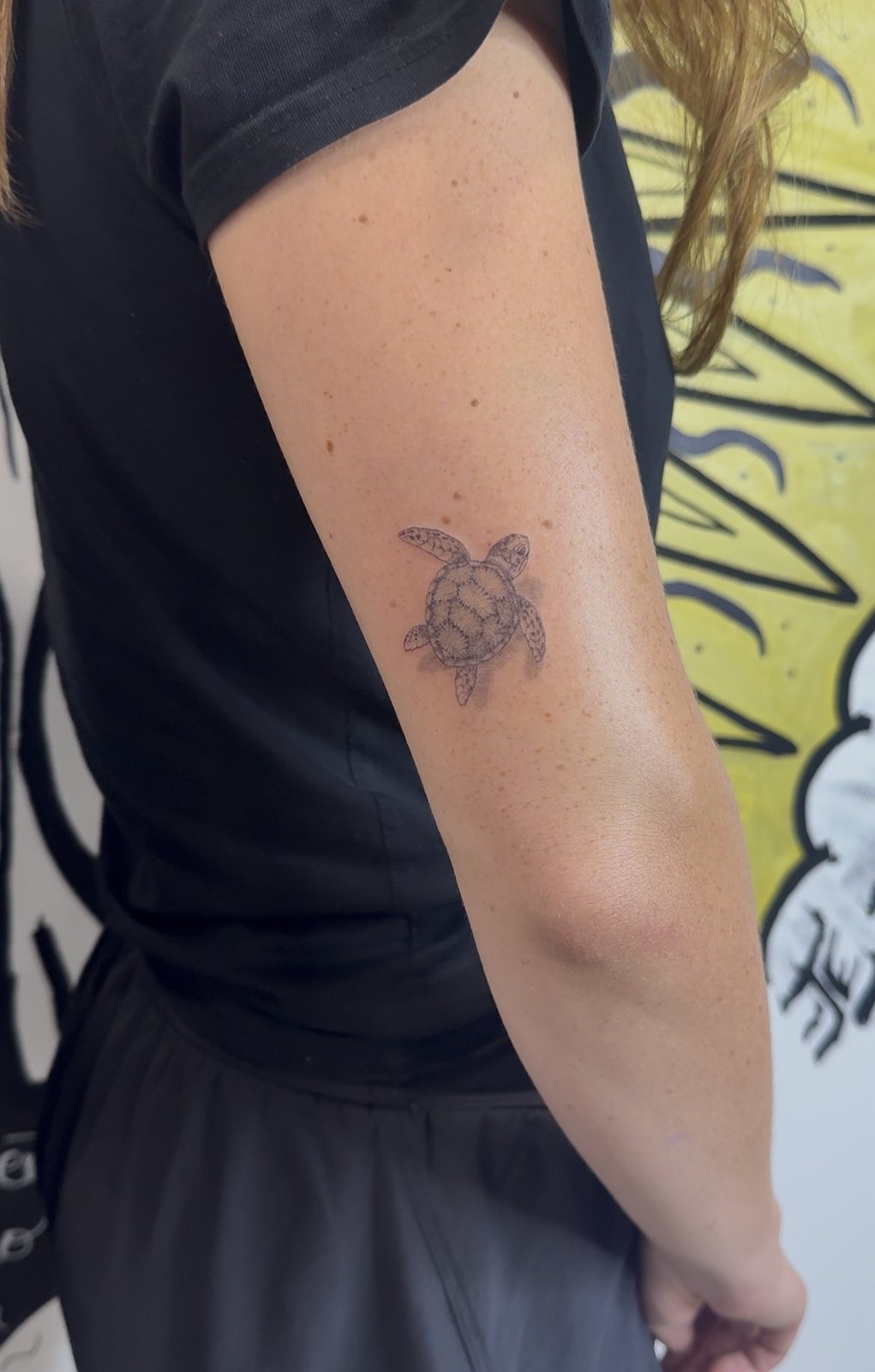 Petite tortue tatouée sur l’arrière du bras