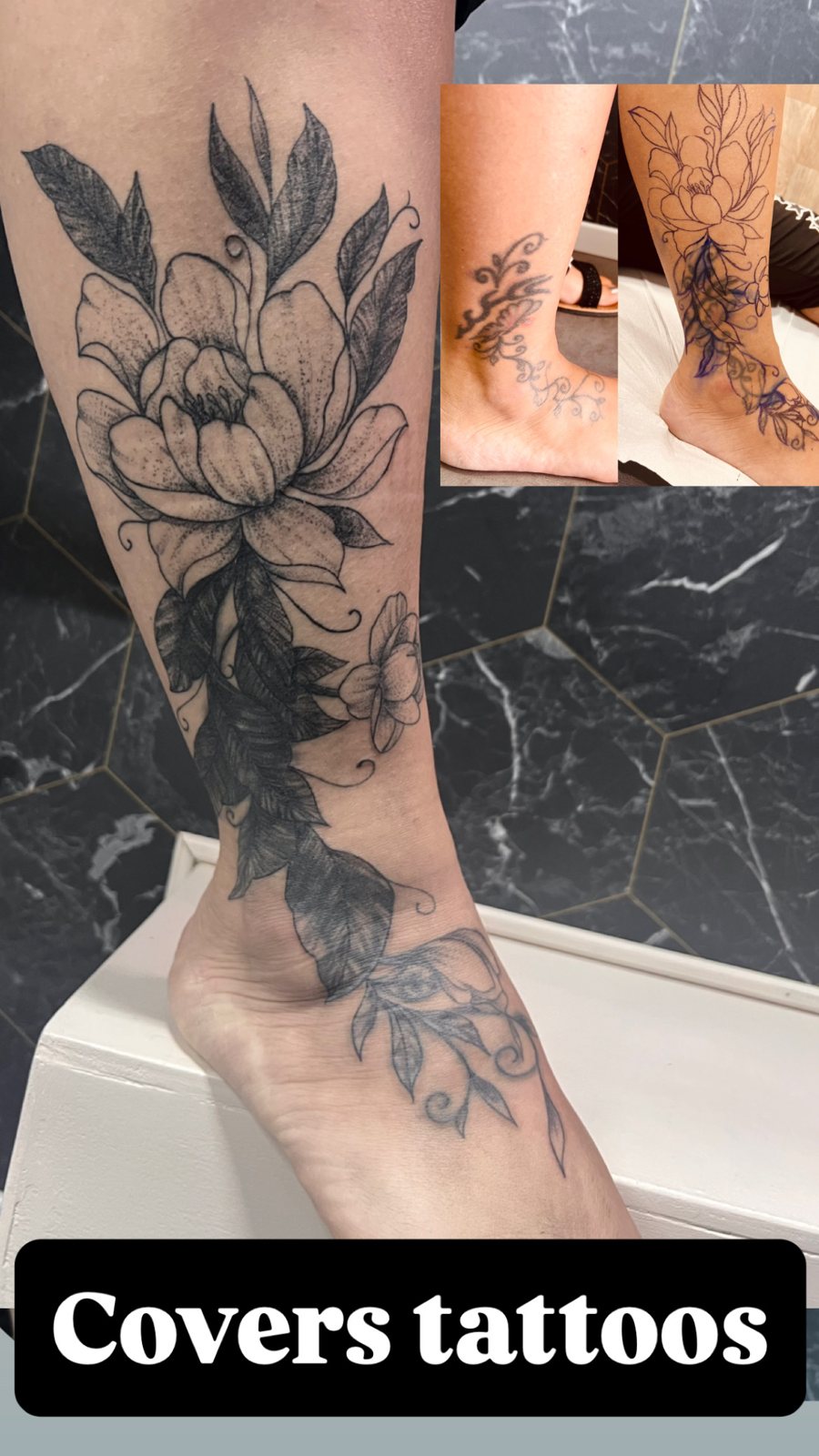 Recouvrement d’un tatouage de cheville par une pivoine et des feuillages, avant et après